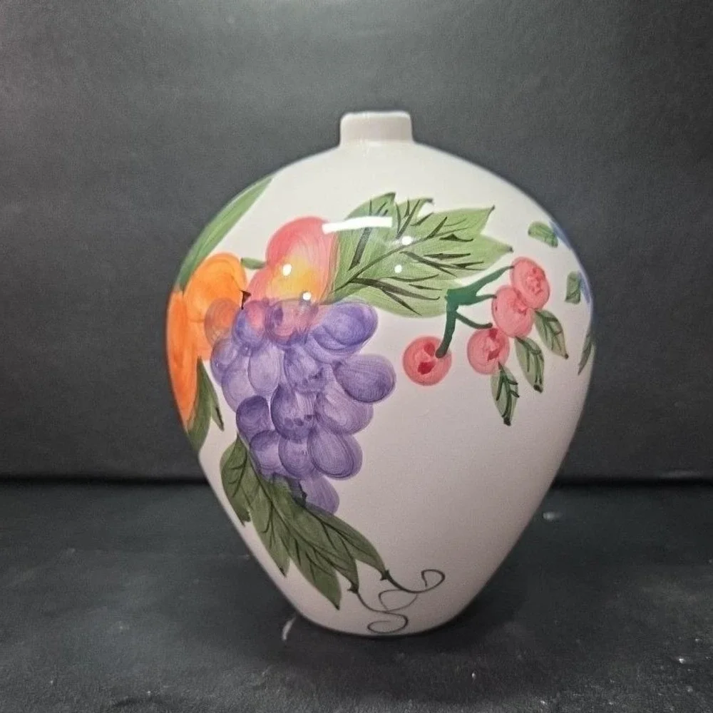 Fruit Themed Bud Vase, Vintage Hand Painted‎ Ceramic Flower Holder, Centerpiece